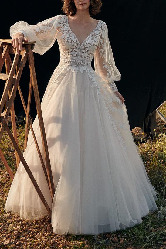 A-Line V-Neck Long Sleeves Lace/Tulle Beach Wedding Dresses