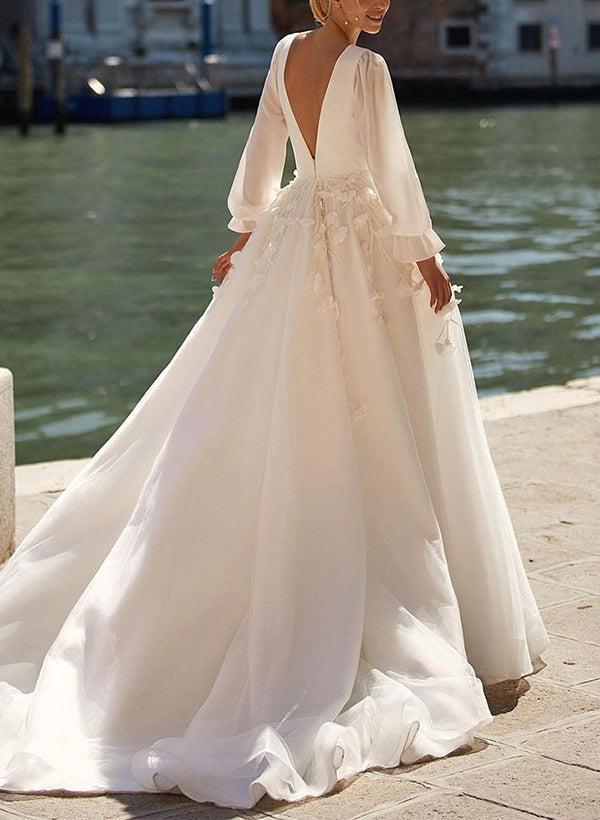 A-Line V-Neck Long Sleeves Organza Beach Wedding Dresses With Lace Appliques