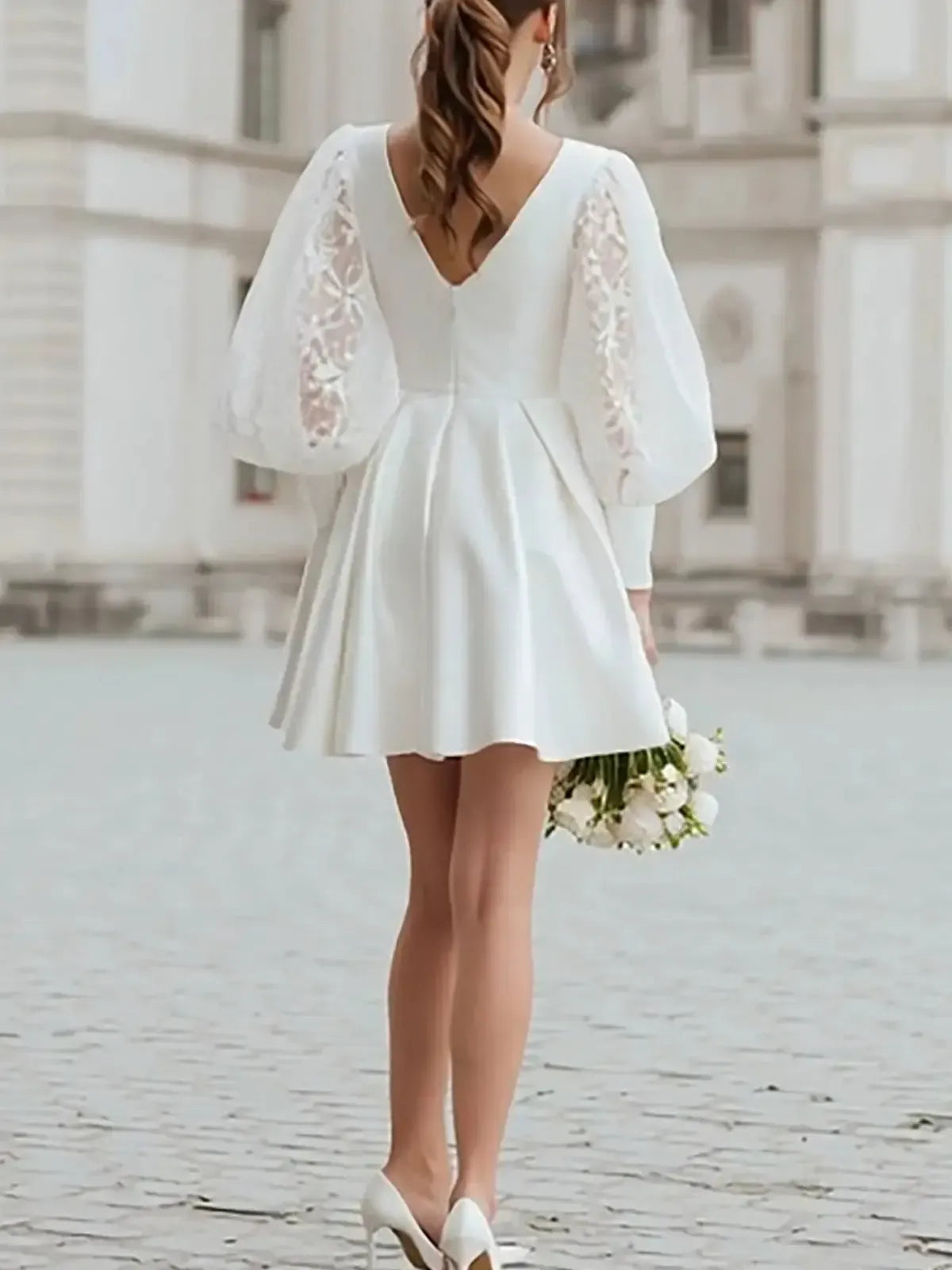 A Line V Neck Long Sleeves Short Mini Lace Elastic Satin Wedding Dress