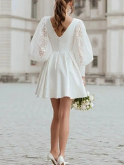 A Line V Neck Long Sleeves Short Mini Lace Elastic Satin Wedding Dress