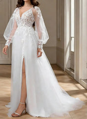 A Line V Neck Long Sleeves Sweep Train Chiffon Lace Wedding Dress with Front Slit and Appliques