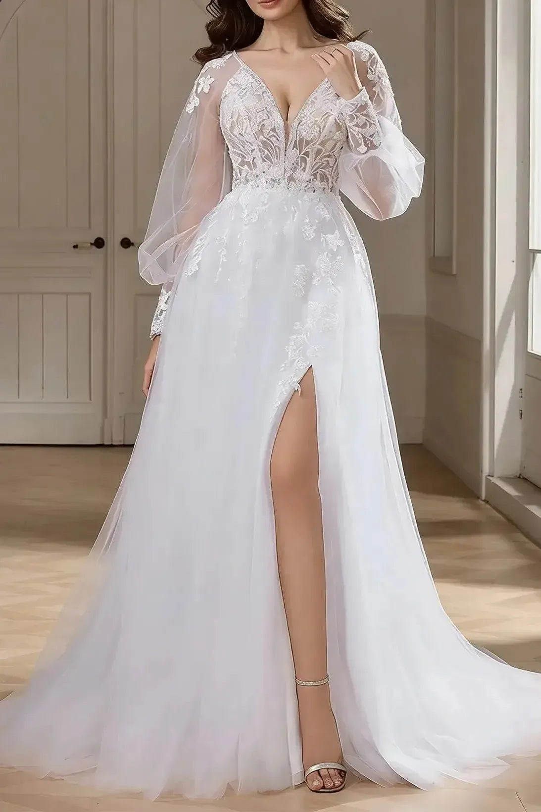 A Line V Neck Long Sleeves Sweep Train Chiffon Lace Wedding Dress with Front Slit and Appliques