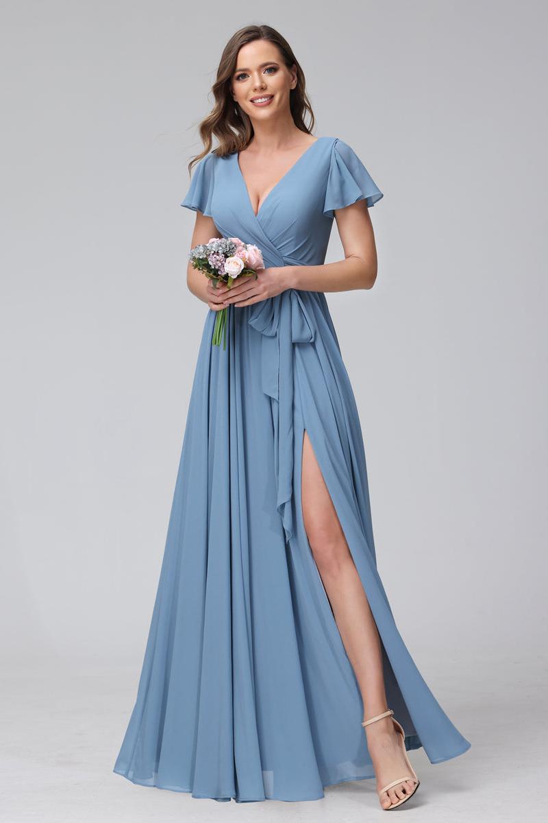 A-Line V-Neck Short Sleeves Long Chiffon Bridesmaid Dresses With Split Side