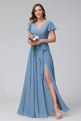 A-Line V-Neck Short Sleeves Long Chiffon Bridesmaid Dresses With Split Side