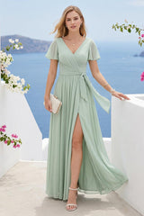 A-Line V-Neck Short Sleeves Split Side Ruched Floor-Length Chiffon Bridesmaid Dresses