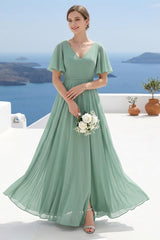 A-Line V-Neck Short Sleeves Split Side Ruffles Chiffon Bridesmaid Dresses As Picture
