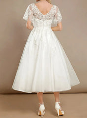 A Line V Neck Short Sleeves Tea Length Satin Wedding Dress with Appliques