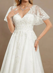 A Line V Neck Short Sleeves Tea Length Satin Wedding Dress with Appliques