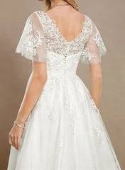 A Line V Neck Short Sleeves Tea Length Satin Wedding Dress with Appliques