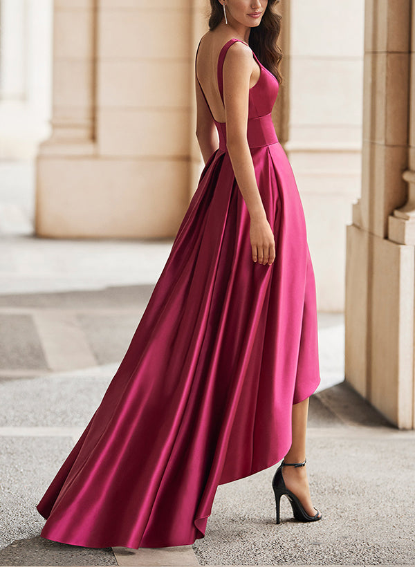 A Line V Neck Sleeveless Asymmetrical Satin Bridesmaid Dresses