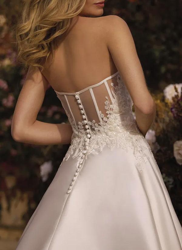 A-Line V-Neck Sleeveless Court Train Satin Beach Wedding Dresses With Lace