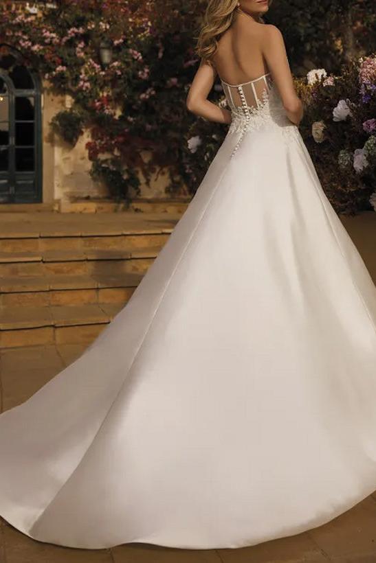 A-Line V-Neck Sleeveless Court Train Satin Wedding Dresses With Lace