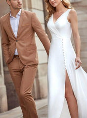 A-Line V-Neck Sleeveless Elastic Satin Beach Wedding Dresses With Front Split