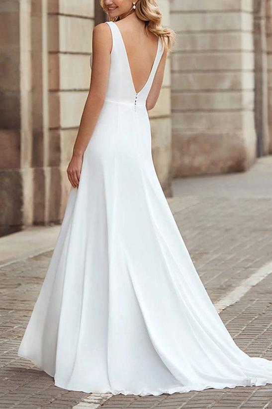 A-Line V-Neck Sleeveless Elastic Satin Wedding Dresses With Front Split
