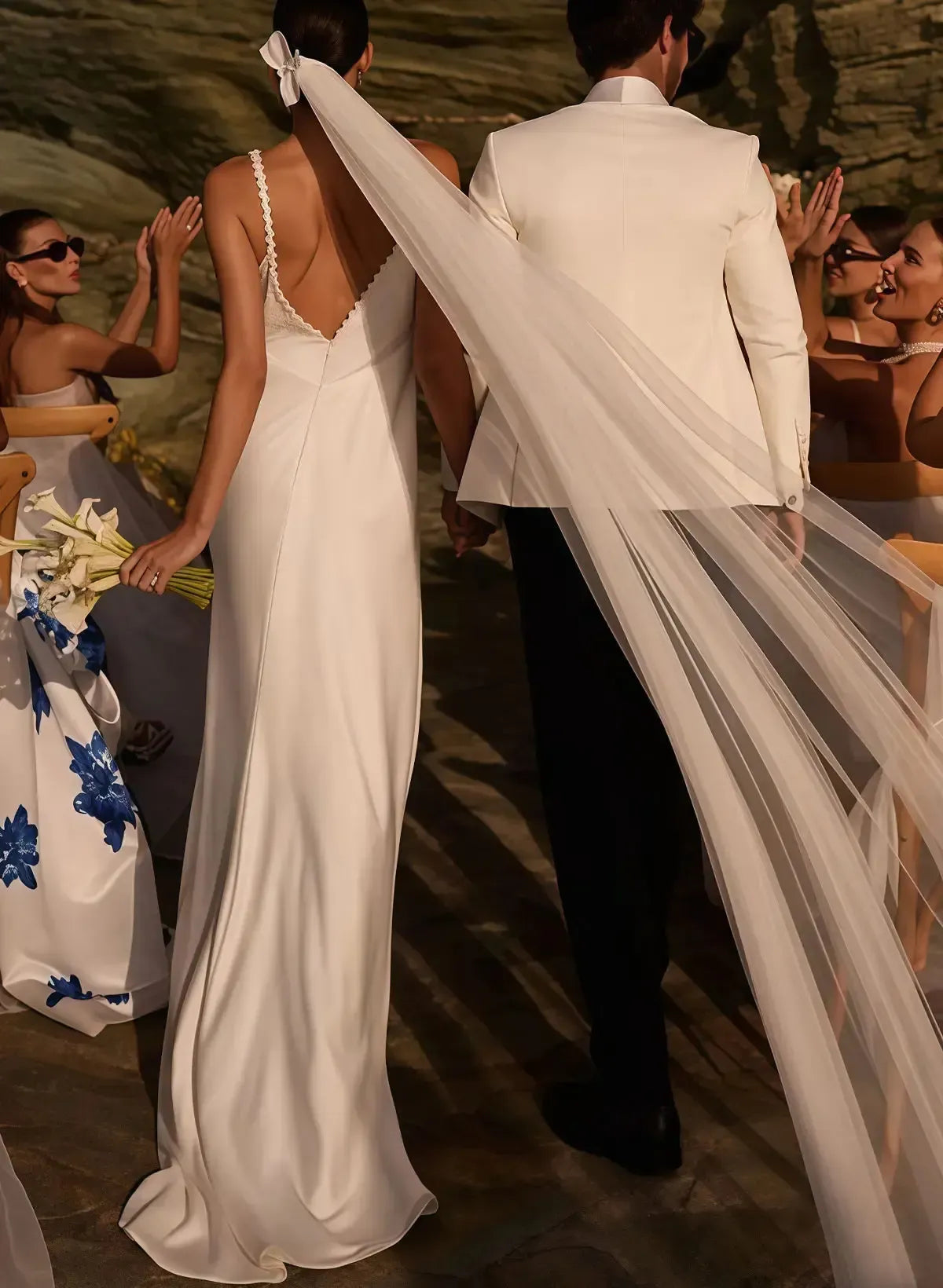 A Line V Neck Sleeveless Open Back Sweep Train Crepe Satin Wedding Dress