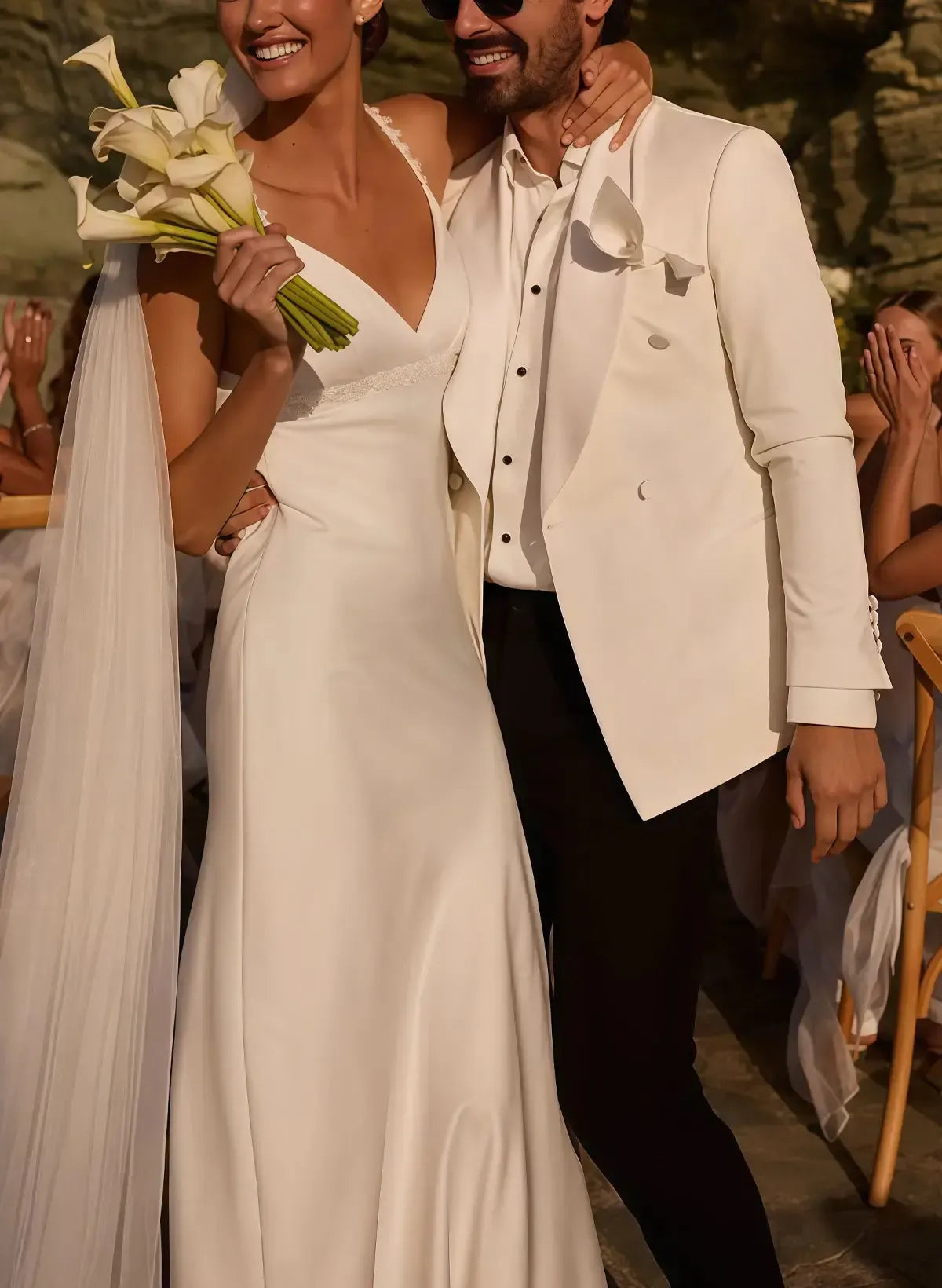 A Line V Neck Sleeveless Open Back Sweep Train Crepe Satin Wedding Dress