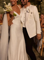 A Line V Neck Sleeveless Open Back Sweep Train Crepe Satin Wedding Dress