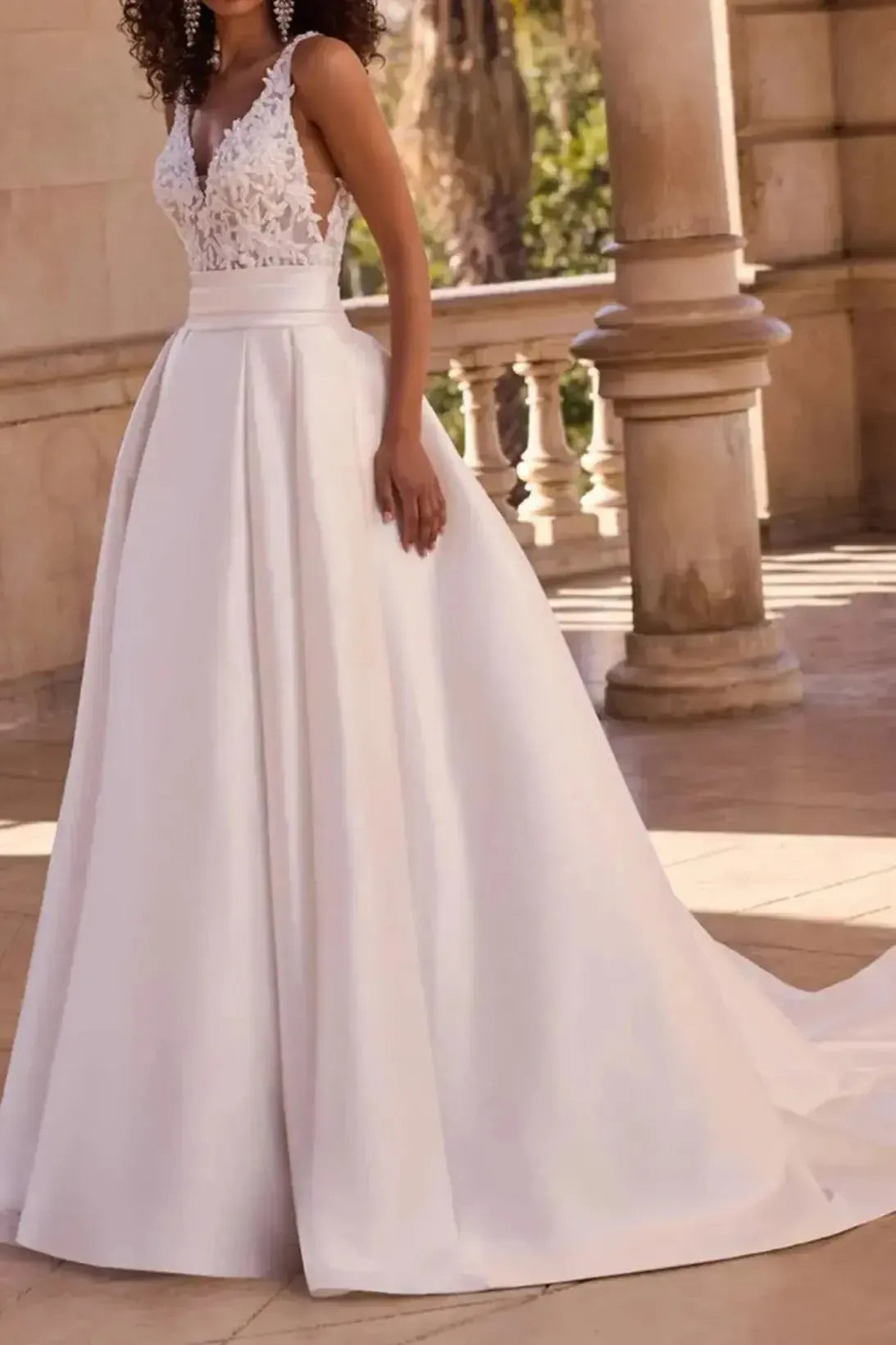 A Line V Neck Sleeveless Sweep Train Satin Wedding Dress with Appliques