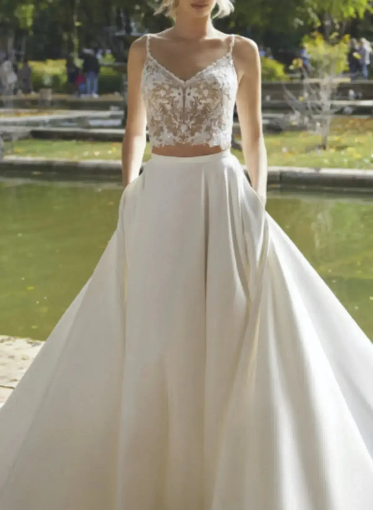 A Line V Neck Sleeveless Sweep Train Wedding Dress