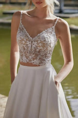 A Line V Neck Sleeveless Sweep Train Wedding Dress