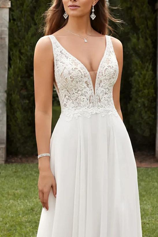 A-Line V-Neck Sweep Train Chiffon Wedding Dress With Split Front