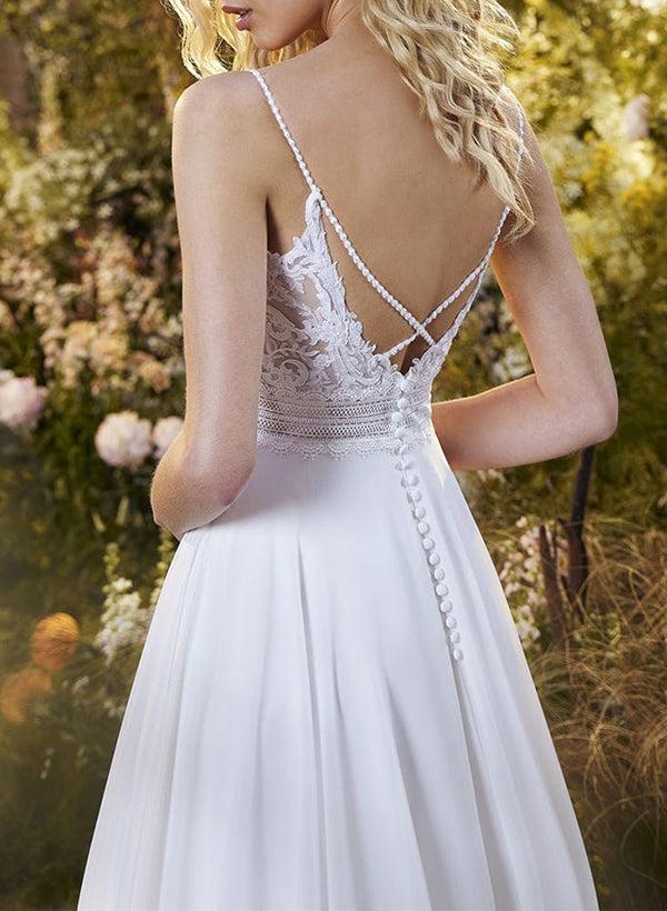 A-Line V-Neck Tulle Beach Wedding Dresses With Split Front/Appliques Lace