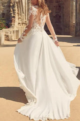 A-Line V-neck Long Sleeves Lace/Tulle Beach Wedding Dresses With Front Split