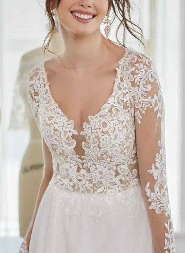 A-Line V-neck Long Sleeves Lace/Tulle Beach Wedding Dresses With Front Split
