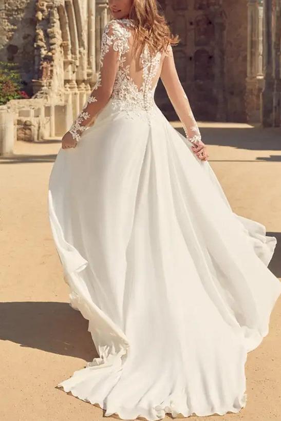 A-Line V-neck Long Sleeves Lace/Tulle Wedding Dresses With Front Split