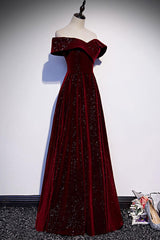 A Line Velvet Evening Dress Off the Shoulder V Neck Burgundy Long Formal Christmas Party Dress