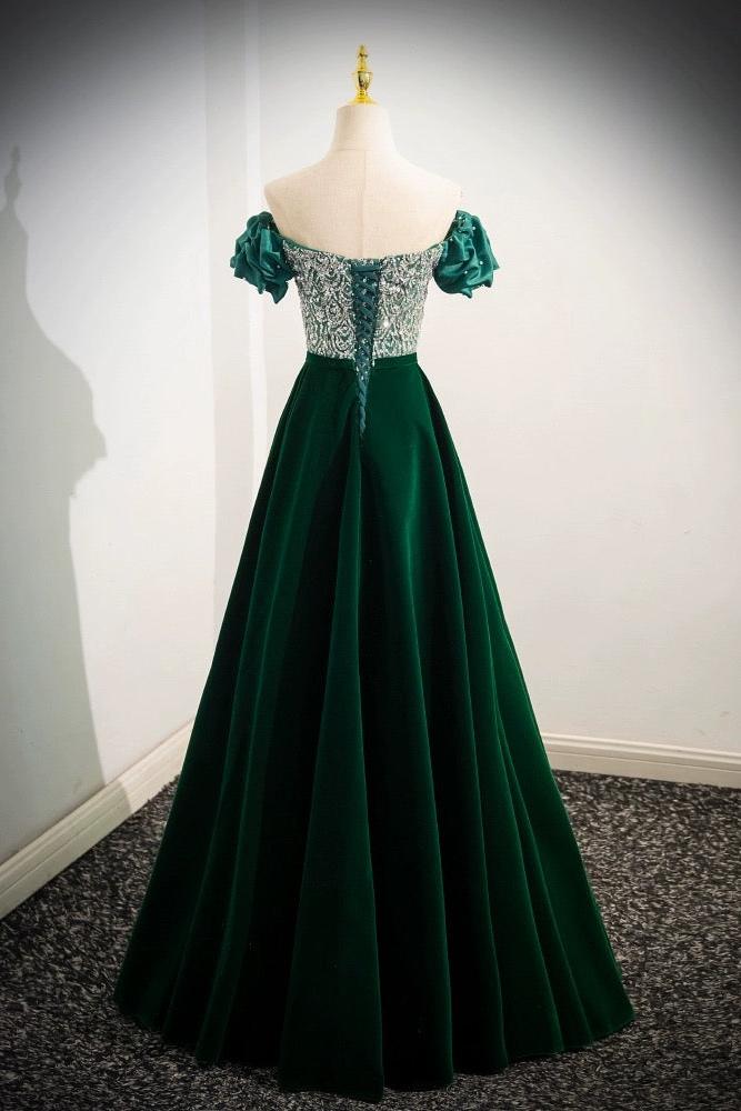 A Line Velvet Evening Dress Sequin Beaded Green Long Formal Christmas Party Dress