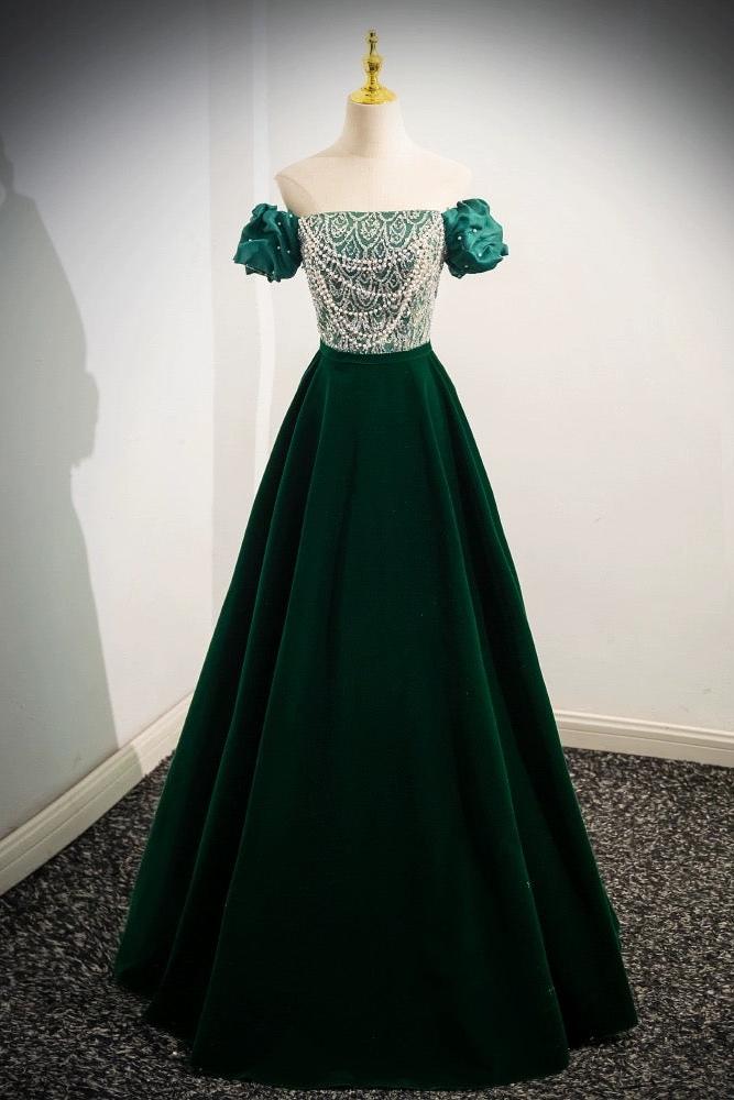 A Line Velvet Evening Dress Sequin Beaded Green Long Formal Christmas Party Dress