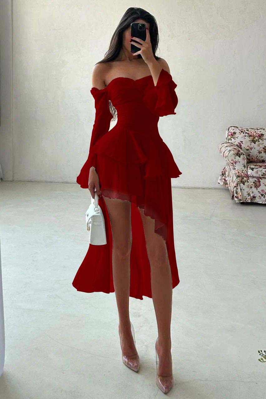 A Line Wedding Dress Long Sleeve Off the Shoulder Ruffled High Low Formal Dress