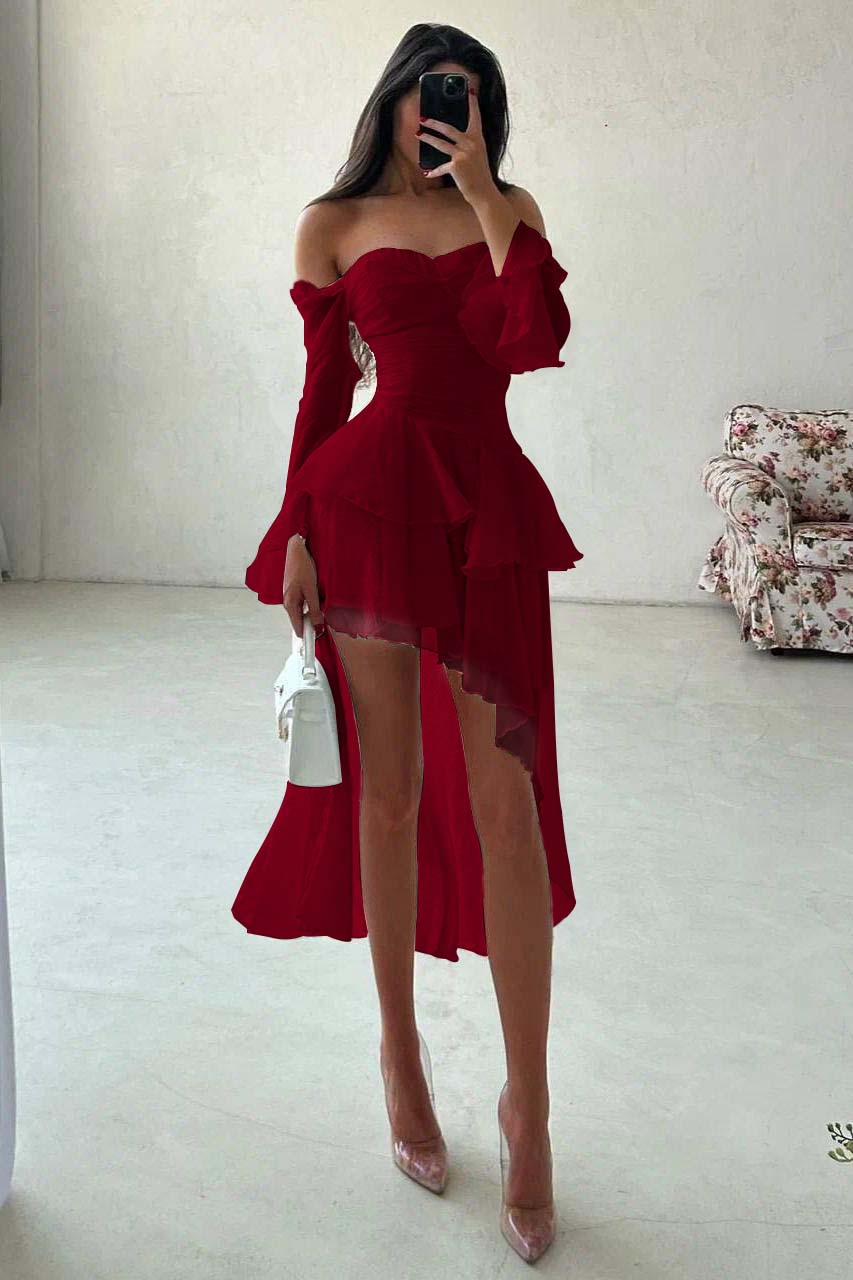 A Line Wedding Dress Long Sleeve Off the Shoulder Ruffled High Low Formal Dress