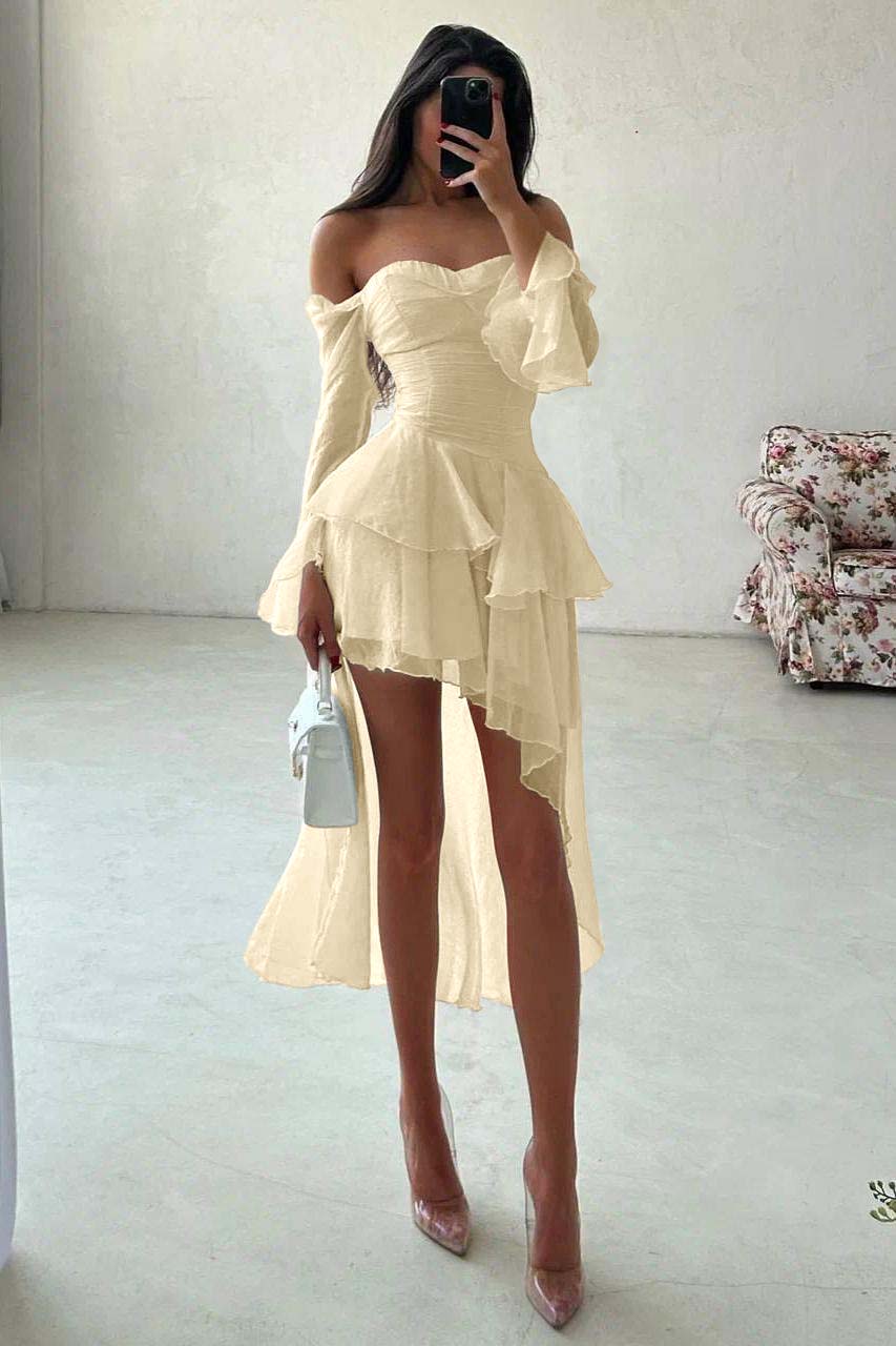 A Line Wedding Dress Long Sleeve Off the Shoulder Ruffled High Low Formal Dress