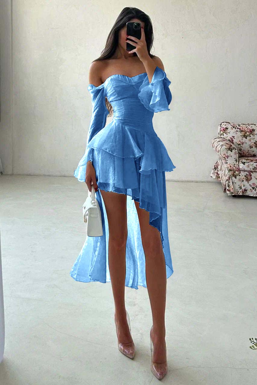 A Line Wedding Dress Long Sleeve Off the Shoulder Ruffled High Low Formal Dress