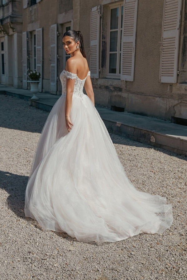 A Line Wedding Dress Off The Shoulder Appliques Tulle Bridal Gown