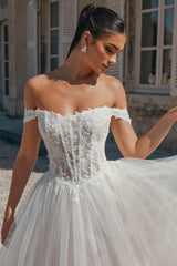 A Line Wedding Dress Off The Shoulder Appliques Tulle Bridal Gown