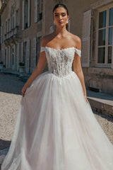 A Line Wedding Dress Off The Shoulder Appliques Tulle Bridal Gown