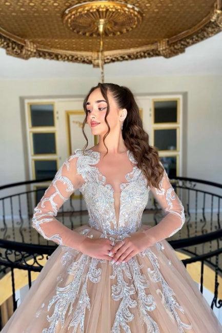 A Line Wedding Dress Tulle Lace V Neck Sleeve Bridal Gown With Appliques Ruffles