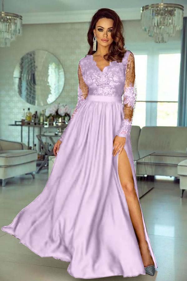 A Line Wedding Guest Dress Long Sleeve V Neck Evening Dress With Lace Appliques