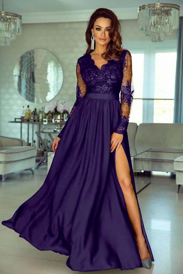 A Line Wedding Guest Dress Long Sleeve V Neck Evening Dress With Lace Appliques