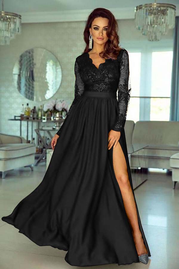 A Line Wedding Guest Dress Long Sleeve V Neck Evening Dress With Lace Appliques
