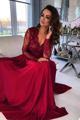 A Line Wedding Guest Dress Long Sleeve V Neck Evening Dress With Lace Appliques