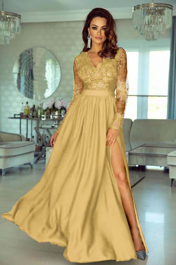 A Line Wedding Guest Dress Long Sleeve V Neck Evening Dress With Lace Appliques