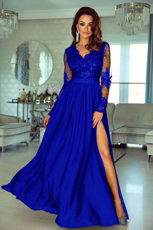 A Line Wedding Guest Dress Long Sleeve V Neck Evening Dress With Lace Appliques