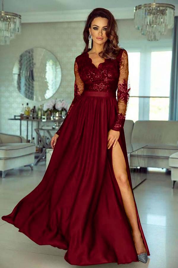 A Line Wedding Guest Dress Long Sleeve V Neck Evening Dress With Lace Appliques