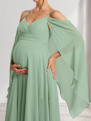 A-Line/Princess Cold Shoulder Ruched Floor-Length Maternity Bridesmaid Dresses with Ruffles & Cape