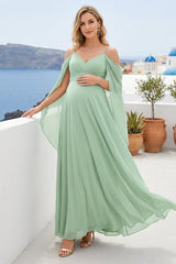A-Line/Princess Cold Shoulder Ruched Floor-Length Maternity Bridesmaid Dresses with Ruffles & Cape