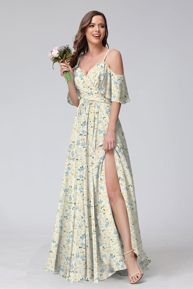 A-Line/Princess Cold Shoulder Short Sleeves Ruched Floral Bridesmaid Dresses Yellow